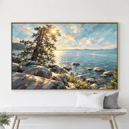 a large framed painting of a serene landscape with a rocky shore, a tree, and a body of water reflecting the sky.