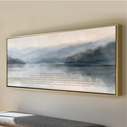 The image is a framed painting depicting a serene landscape with a body of water and mountains in the background.