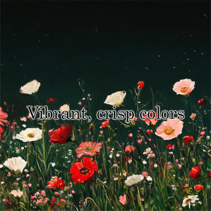 a field of flowers with the words vibrant crisp colors
