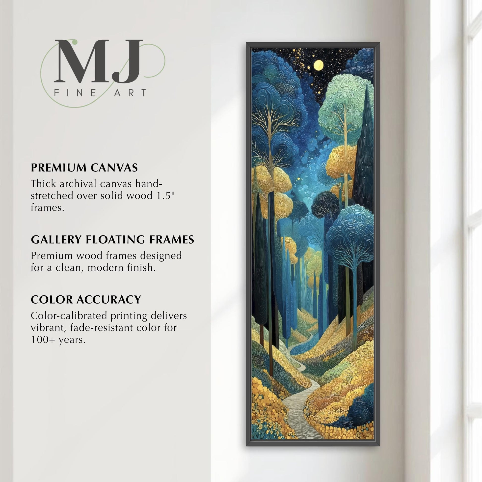 The image is an advertisement for a painting by MJ Fine Art, featuring a forest scene with a winding path and a night sky. The painting is described as a premium canvas hand-stretched over solid wood 1.5-5" frames, a gallery floating frame, and a color accuracy that delivers vibrant, fade-resistant color for 100 years.