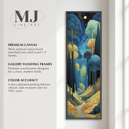 The image is an advertisement for a painting by MJ Fine Art, featuring a forest scene with a winding path and a night sky. The painting is described as a premium canvas hand-stretched over solid wood 1.5-5" frames, a gallery floating frame, and a color accuracy that delivers vibrant, fade-resistant color for 100 years.