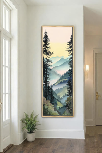 a large framed painting of a forest scene hanging on a white wall in a room with a wooden floor.