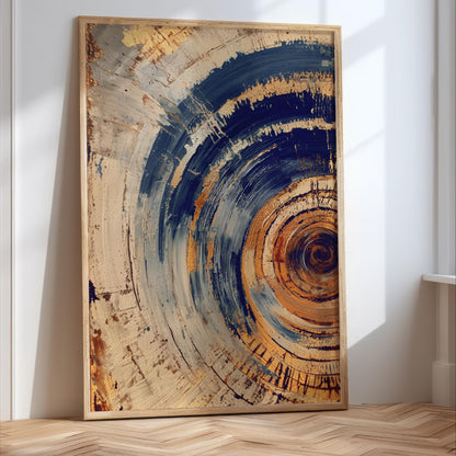 Tree Ring Wall Art, Large Framed Abstract Decor, Neutral Tones, Copper Rust Blue Beige Minimalist Canvas Artwork Modern Living Room Print rustic, printed and shipped wood framed
