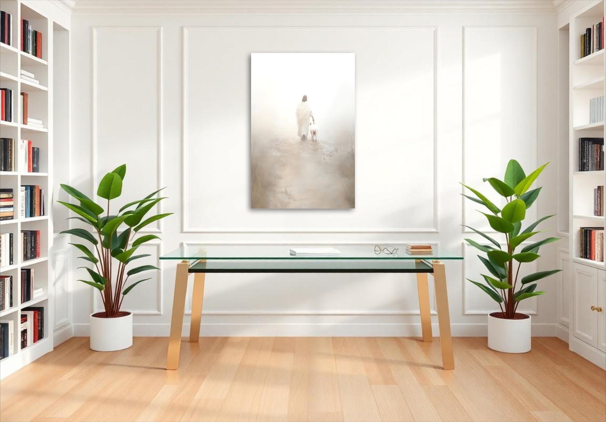 a room with a table, bookshelves and a painting on the wall