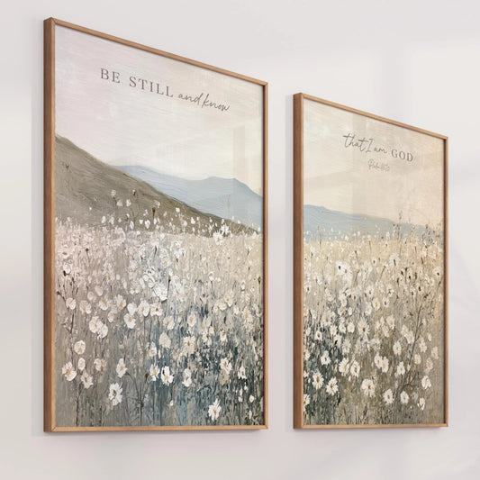 Be Still and Know Wall Art Set, Neutral Christian Artwork Psalm 46:10 Scripture Landscape Floral Canvas Print, Farmhouse Cottagecore Decor