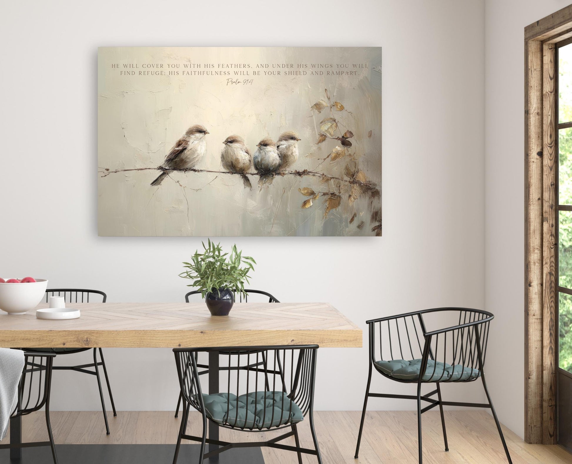 a painting of four birds perched on a branch, with a potted plant and a bowl of fruit on a table in the foreground.