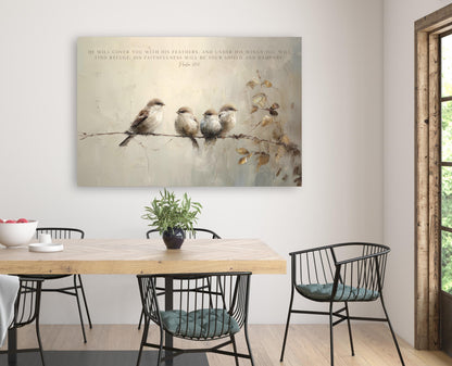 a painting of four birds perched on a branch, with a potted plant and a bowl of fruit on a table in the foreground.