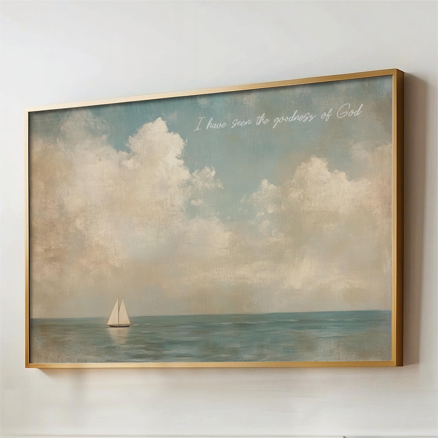 The image is a painting of a sailboat on the ocean, with a cloudy sky in the background.