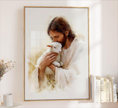 A framed painting depicting Jesus Christ holding a lamb, with a serene and peaceful atmosphere.