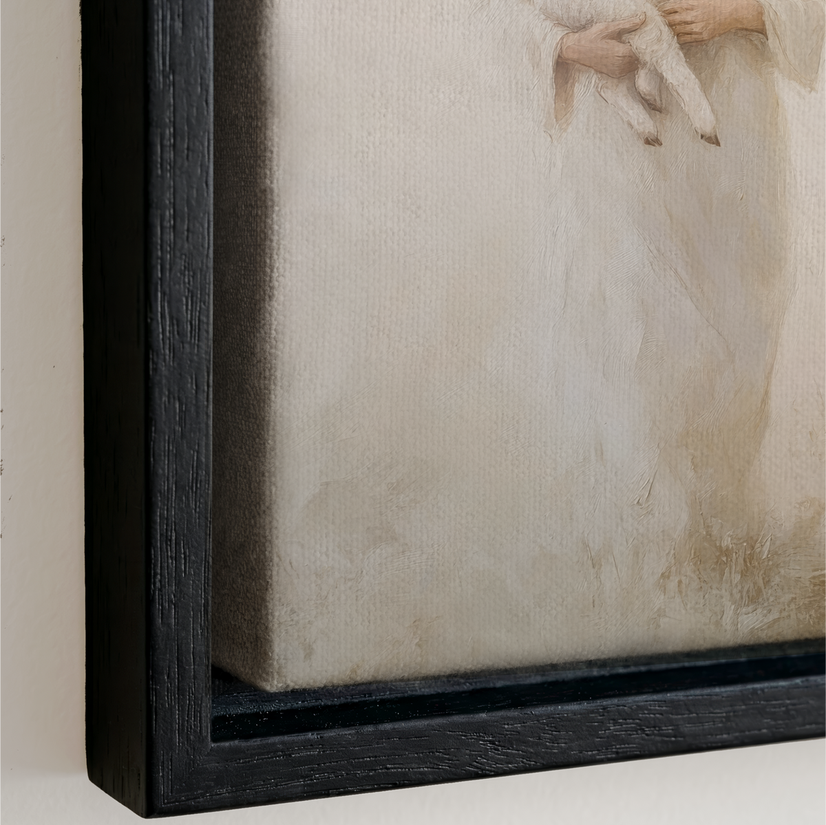 The image is a framed painting of a woman's hands, with a white background and a black frame.