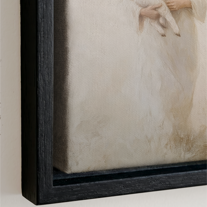 The image is a framed painting of a woman's hands, with a white background and a black frame.