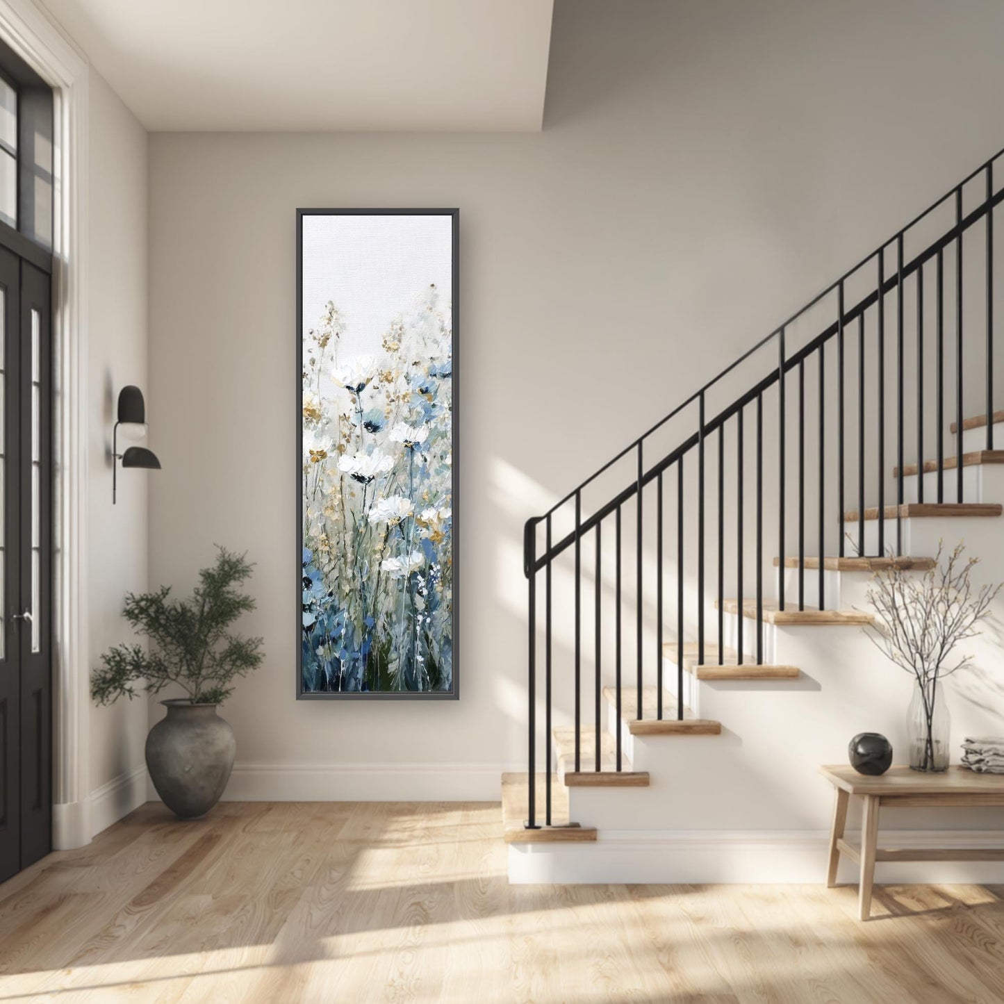 a modern and minimalist interior design, featuring a large painting of flowers on the wall, a black metal railing on the stairs, and a wooden bench near the stairs.