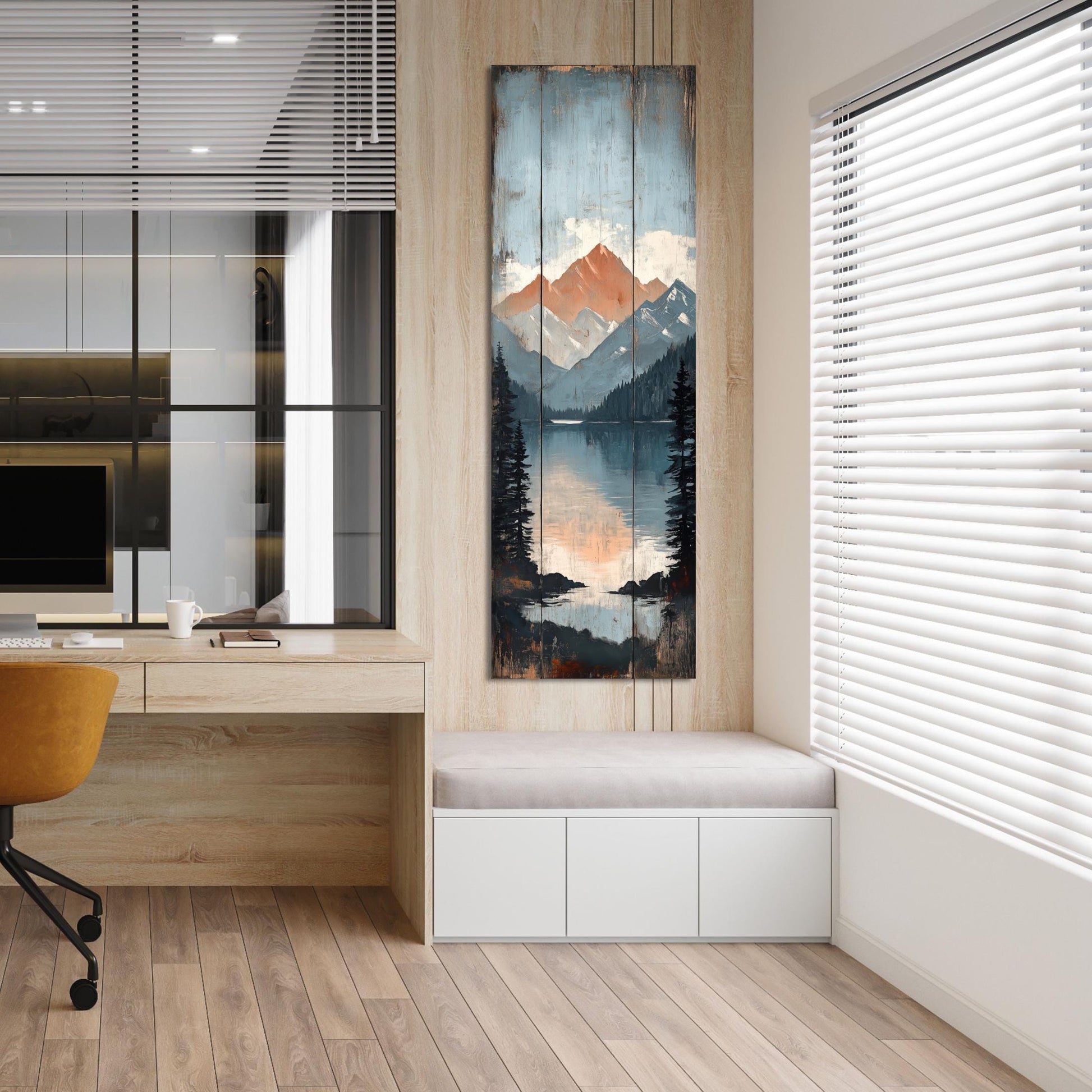 a modern office space with a large painting of a mountain landscape hanging on the wall. The painting is divided into three panels, depicting a serene mountain scene with a lake and trees. The office has a wooden floor and white blinds covering the windows, creating a clean and minimalist aesthetic.