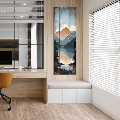 a modern office space with a large painting of a mountain landscape hanging on the wall. The painting is divided into three panels, depicting a serene mountain scene with a lake and trees. The office has a wooden floor and white blinds covering the windows, creating a clean and minimalist aesthetic.