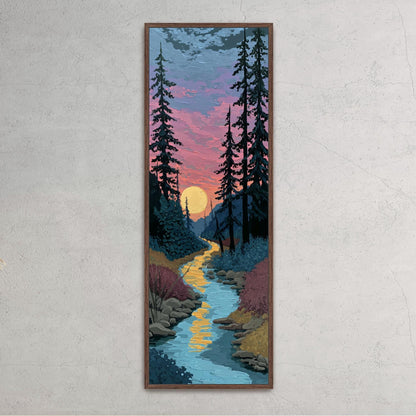 A painting of a forest scene with a river flowing through it, depicting a sunset over the landscape.