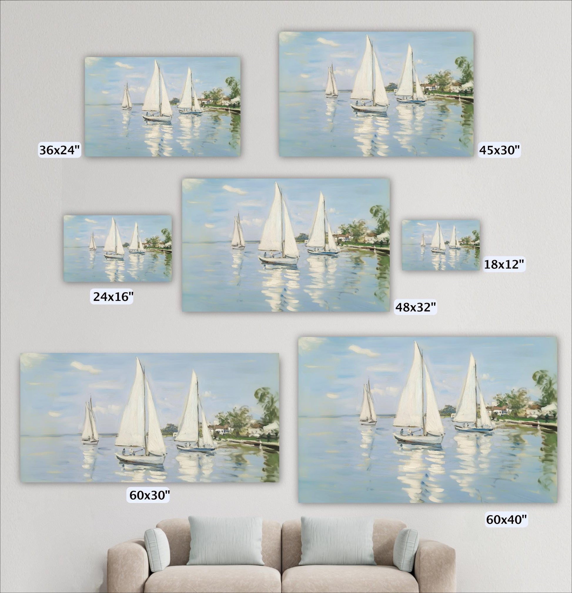 a collection of six framed paintings depicting sailboats on the water, each with a different size and resolution.