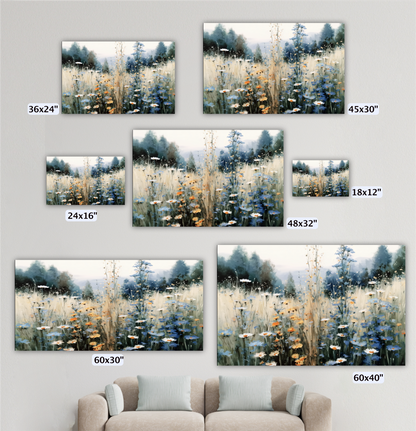 a collection of six different sizes of paintings or prints, each depicting a field of flowers. The paintings vary in size, ranging from 36x24" to 48x32" and 60x30" to 60x40". The artworks showcase the beauty of the flowers and the serene landscape, creating a visually appealing and harmonious display.