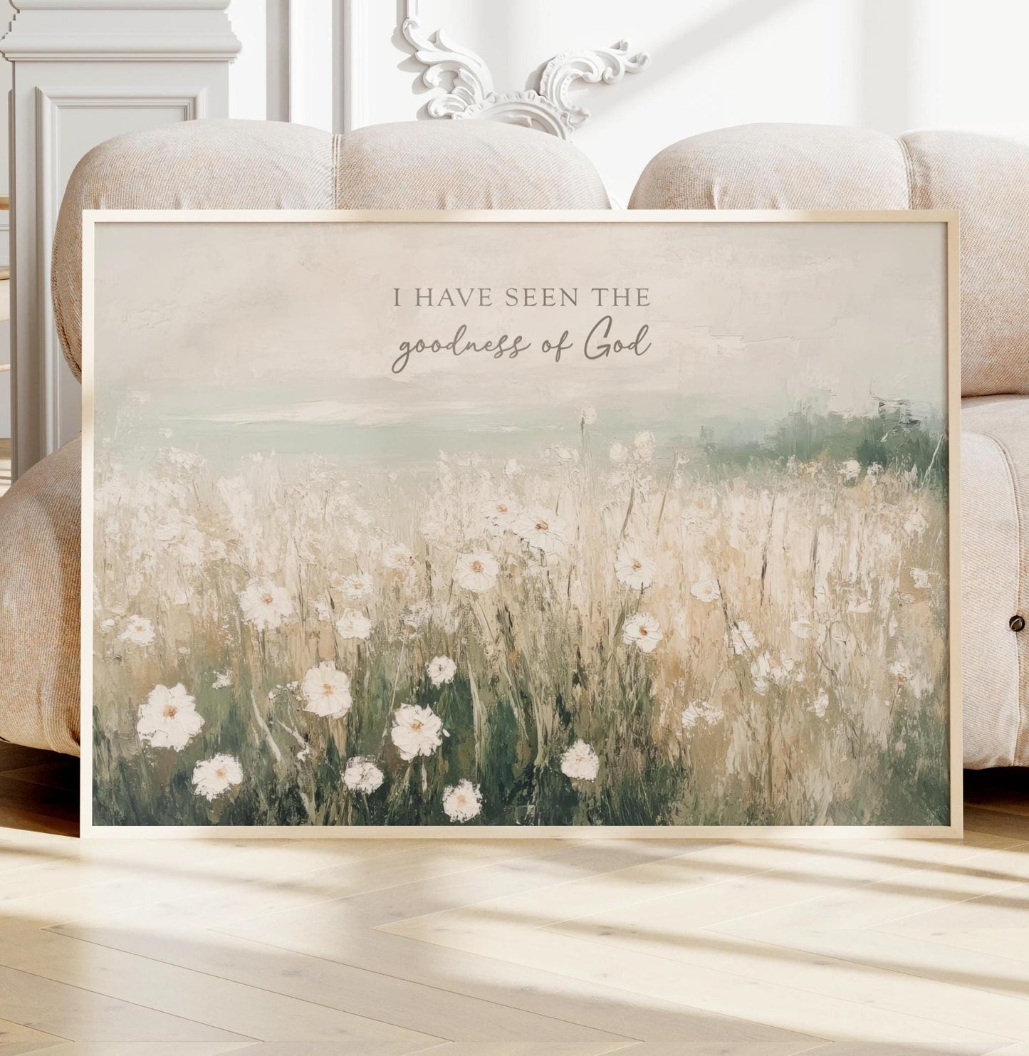 I Have Seen the Goodness Of God Wall Art, Landscape Wildflowers Coastal Seascape Painting in Neutral shades.

This beautiful, ready to hang artwork in a landscape format reminds us of the goodness and wonder of God in the beauty of nature.