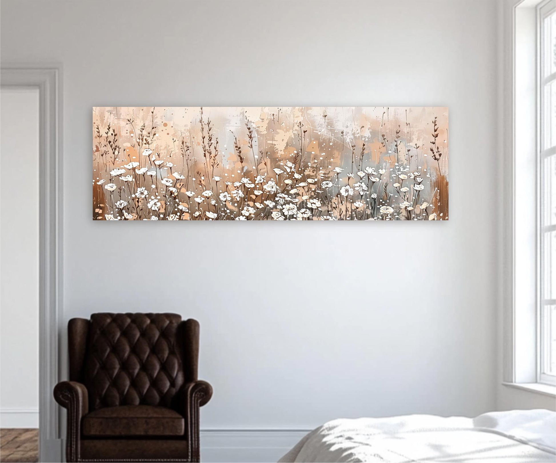 a large painting of a field of flowers hanging on a white wall in a room.