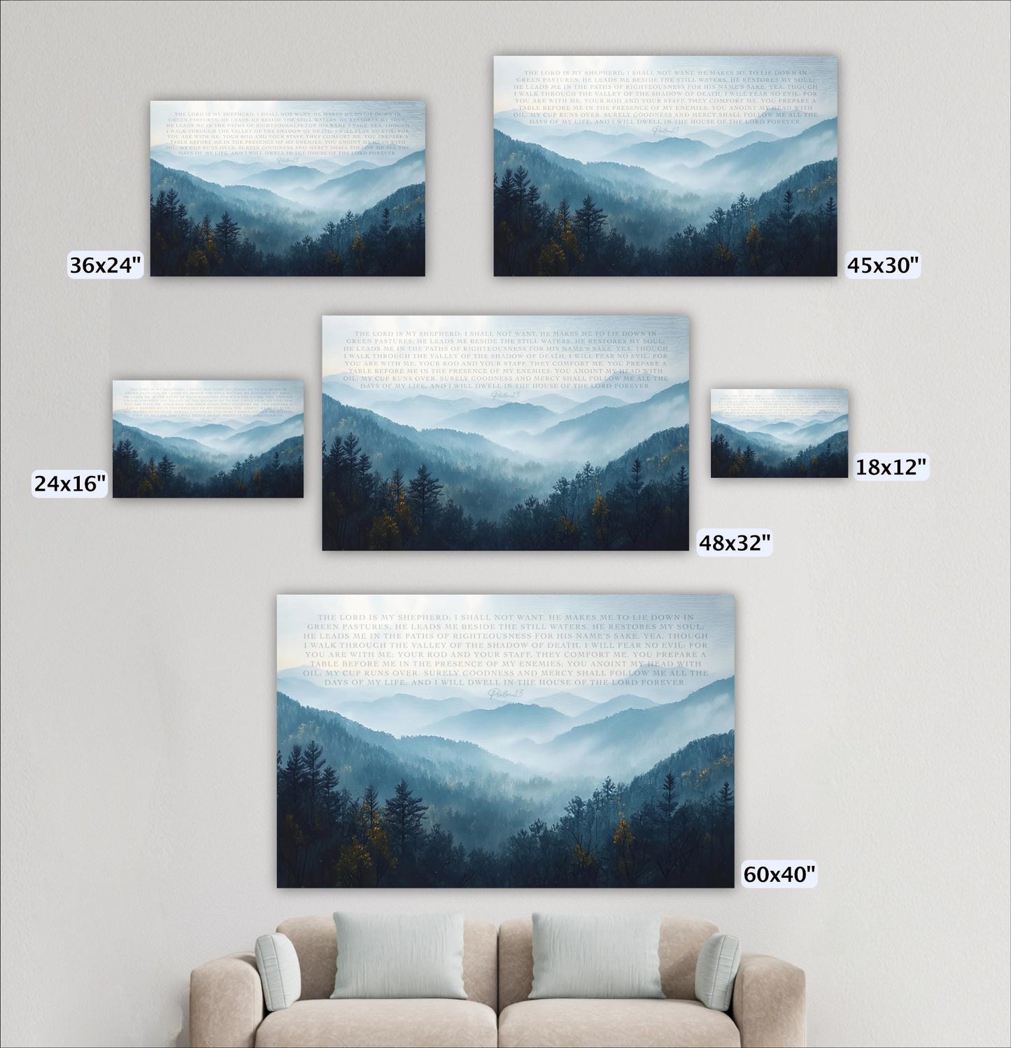 a collection of five landscape paintings or photographs of mountainous scenes, each with a different size and frame. The paintings are arranged on a wall, and there is a couch in the foreground.