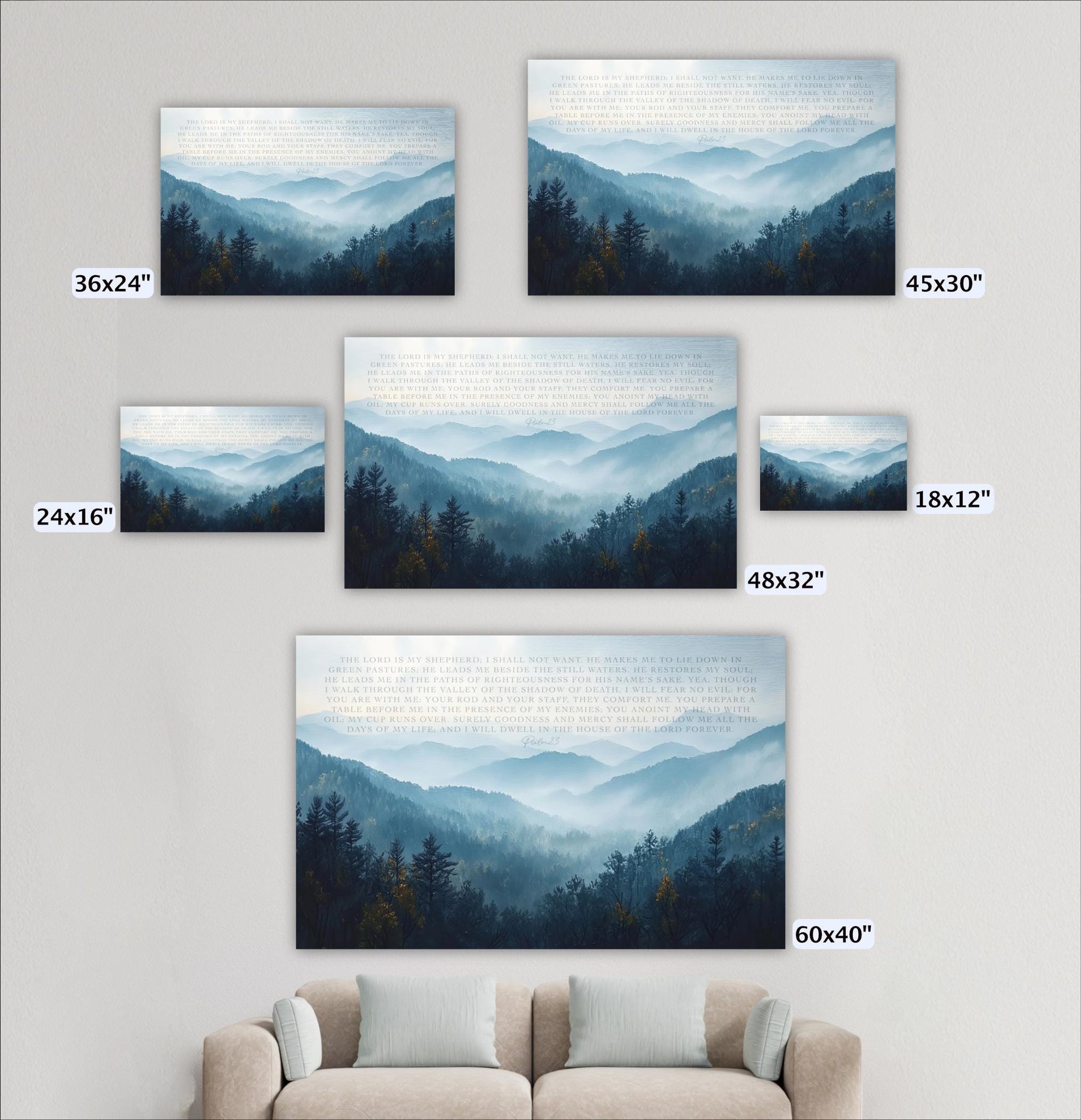 a collection of five landscape paintings or photographs of mountainous scenes, each with a different size and frame. The paintings are arranged on a wall, and there is a couch in the foreground.