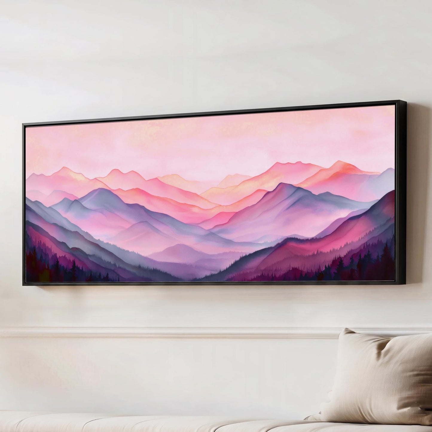 a large, framed painting of a mountainous landscape with a vibrant, pastel color palette of pink, purple, and blue.