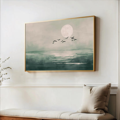a serene landscape with a large, full moon reflected on a calm body of water, surrounded by a flock of birds flying in the sky.