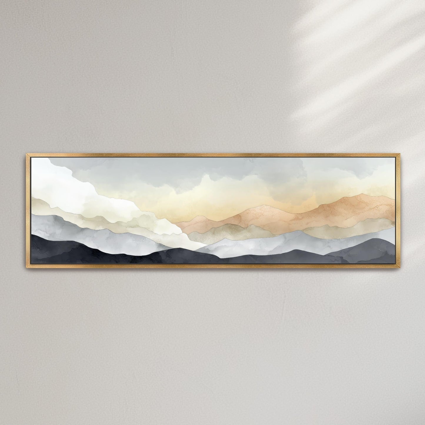 The image is a framed painting depicting a serene landscape with mountains in the background and a cloudy sky above.