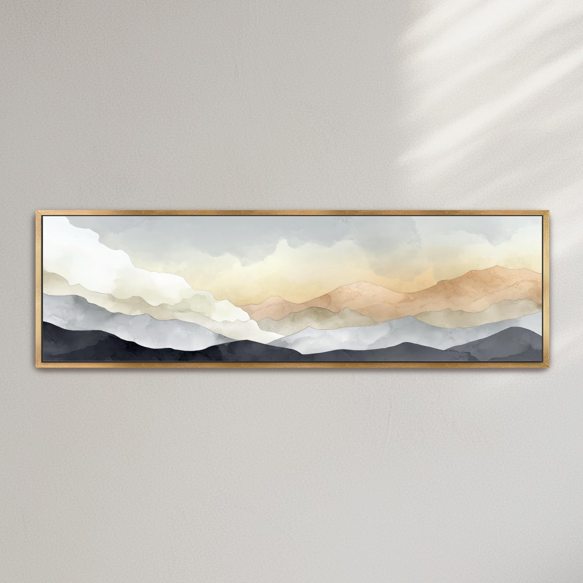 The image is a framed painting depicting a serene landscape with mountains in the background and a cloudy sky above.