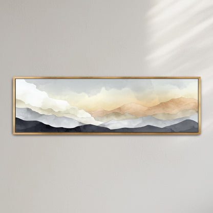 The image is a framed painting depicting a serene landscape with mountains in the background and a cloudy sky above.