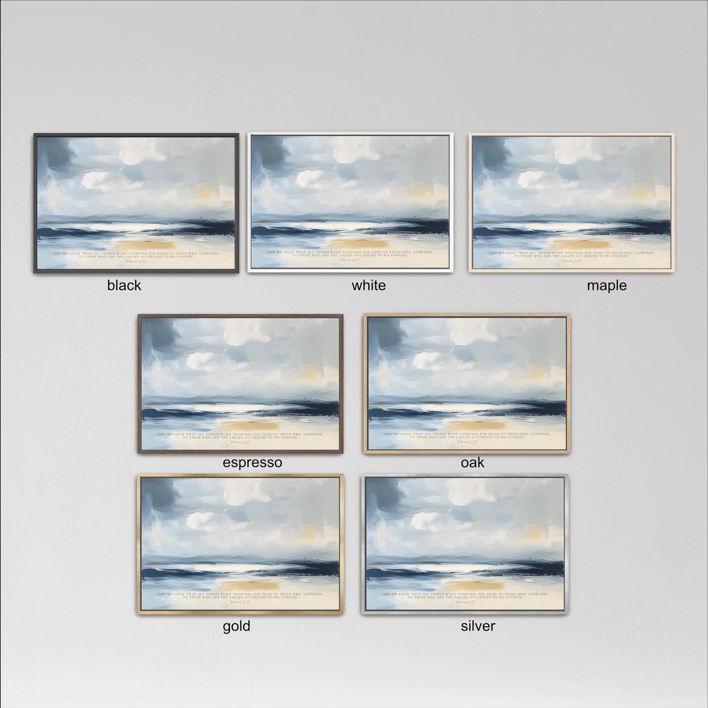six framed landscape paintings, each with a different color frame, arranged in a grid. The paintings depict various scenes of nature, including a beach, mountains, and a cloudy sky.