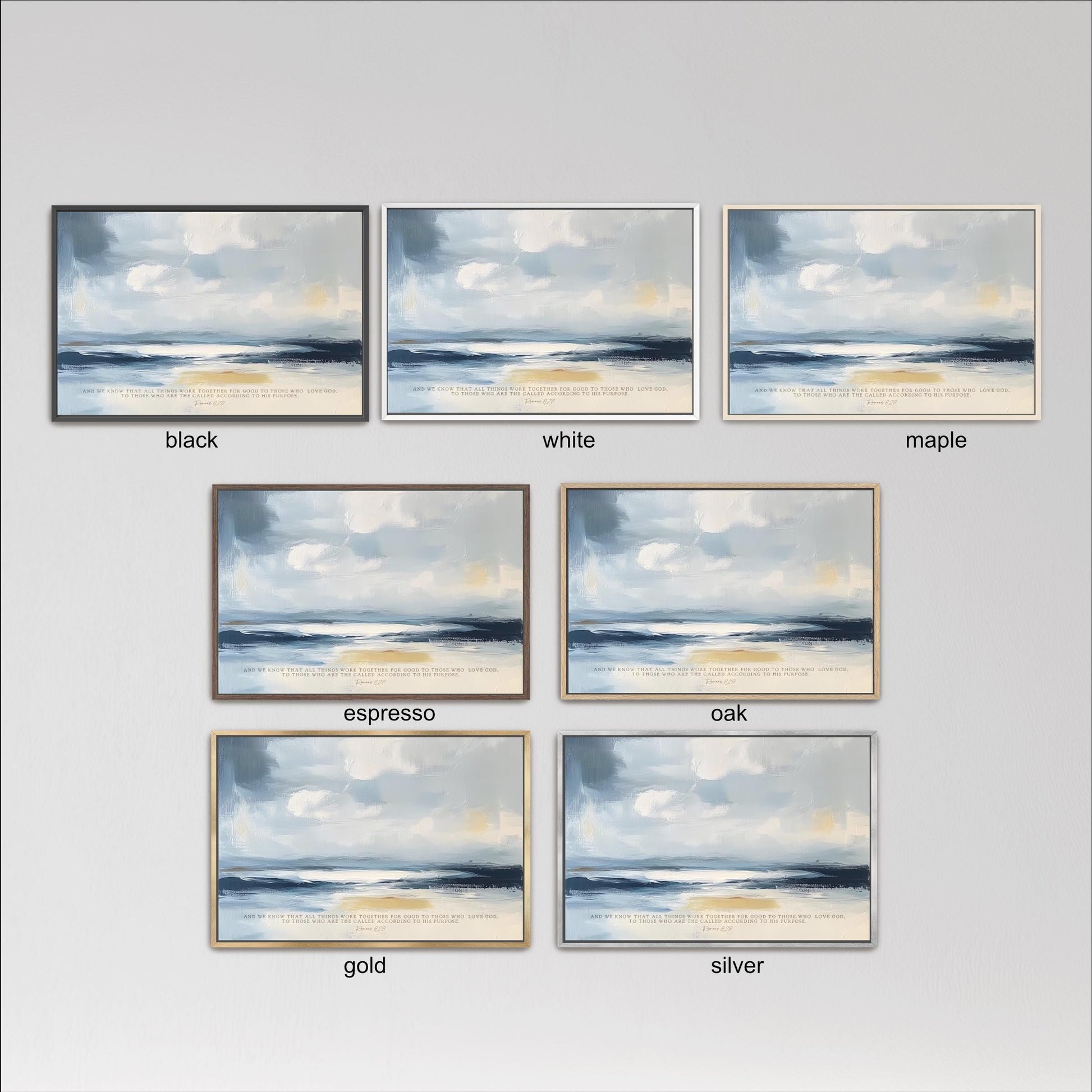 six framed landscape paintings, each with a different color frame, arranged in a grid. The paintings depict various scenes of nature, including a beach, mountains, and a cloudy sky.