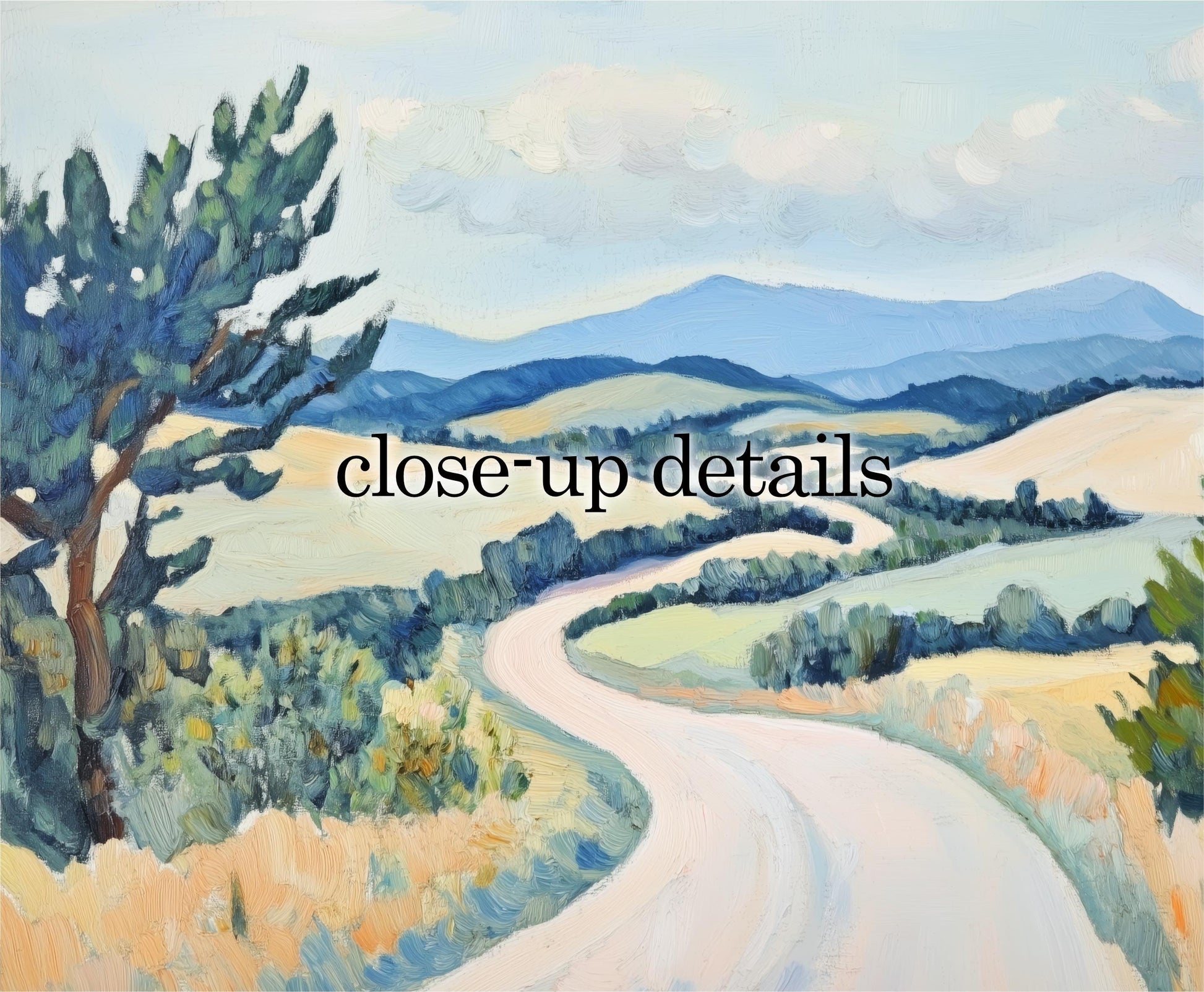 a winding road through a picturesque countryside landscape with rolling hills, trees, and a clear blue sky.