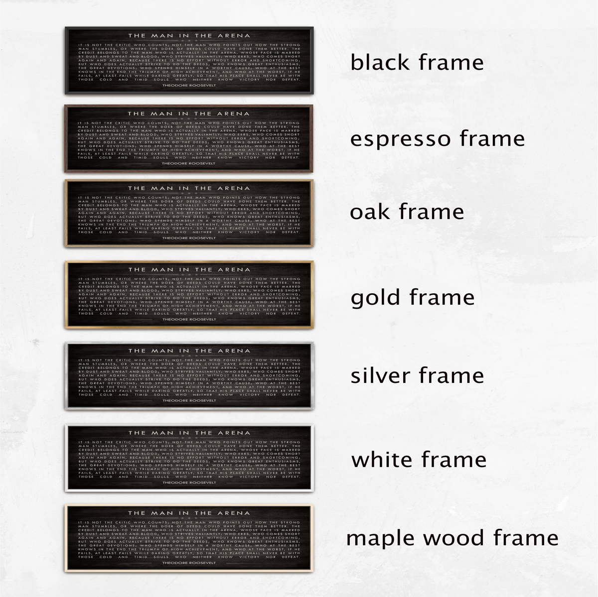 a series of six black frames with text, each frame representing a different frame type: black frame, espresso frame, oak frame, gold frame, silver frame, and white frame. The text on the frames is not described in detail, and the image does not contain any redundancy or vague wording.