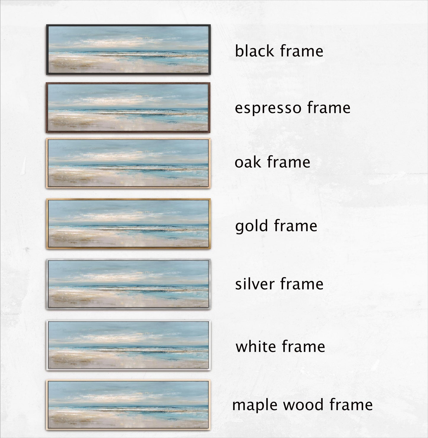 a series of six framed landscape paintings, each with a different frame color and style.