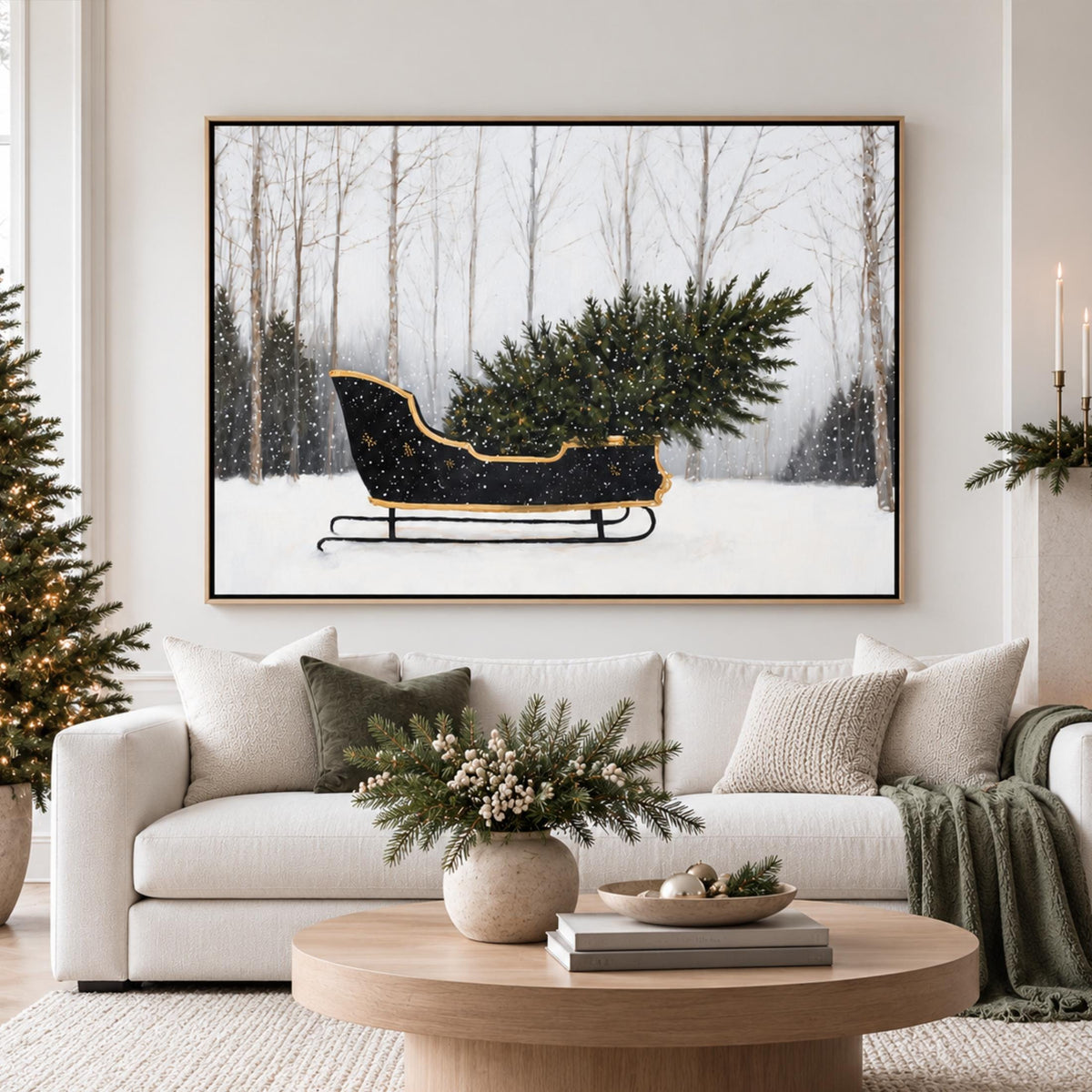 Christmas Sleigh Wall Art, Winter Forest Canvas Print, Black Gold Christmas Tree Painting, Neutral Holiday Decor, Modern Rustic Artwork