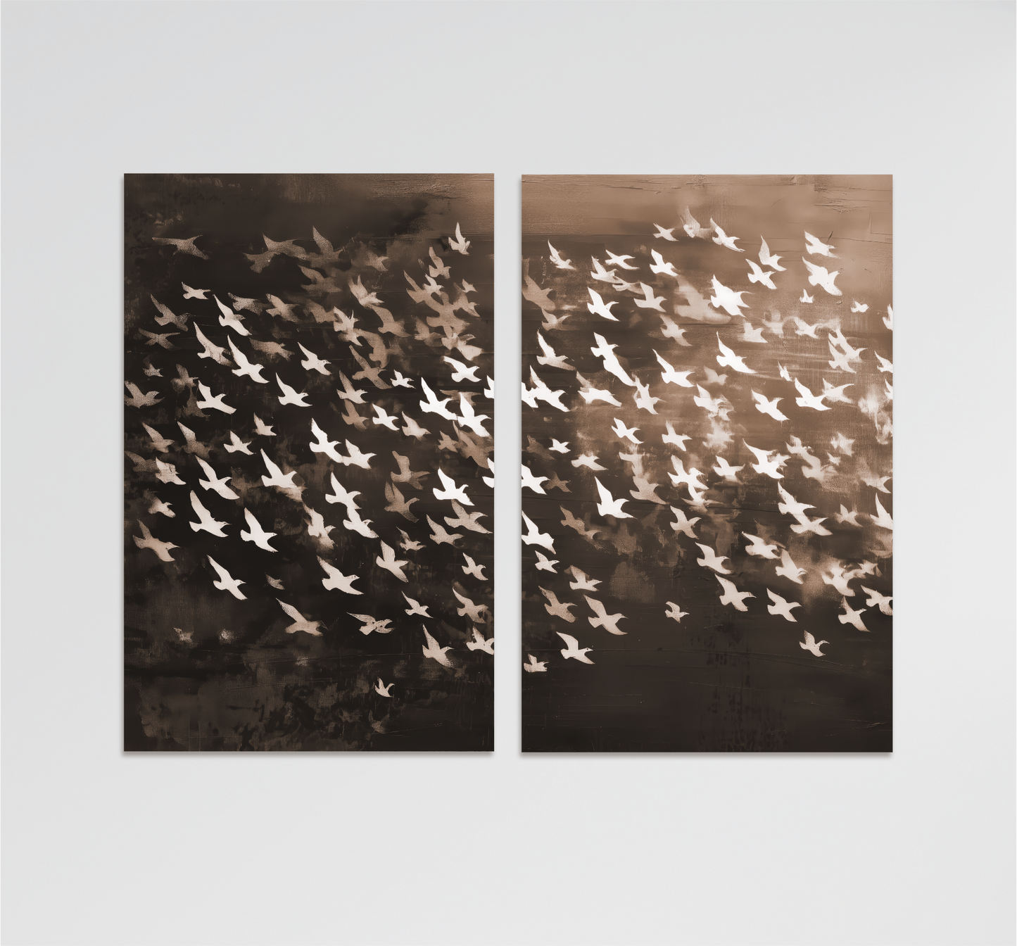 The image is a split canvas artwork featuring a flock of white birds in flight against a dark background.