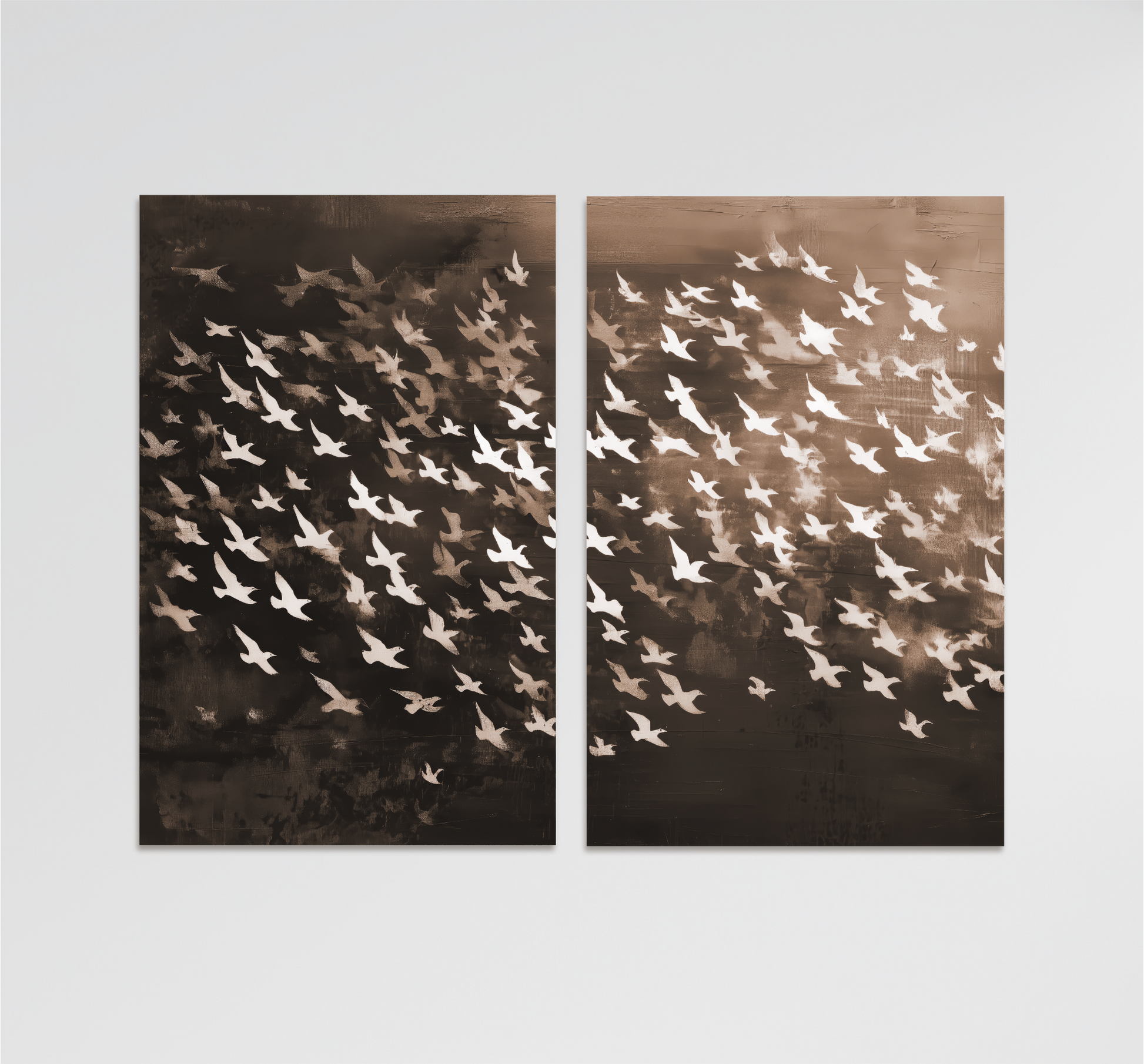 The image is a split canvas artwork featuring a flock of white birds in flight against a dark background.