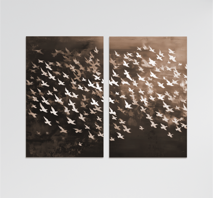 The image is a split canvas artwork featuring a flock of white birds in flight against a dark background.