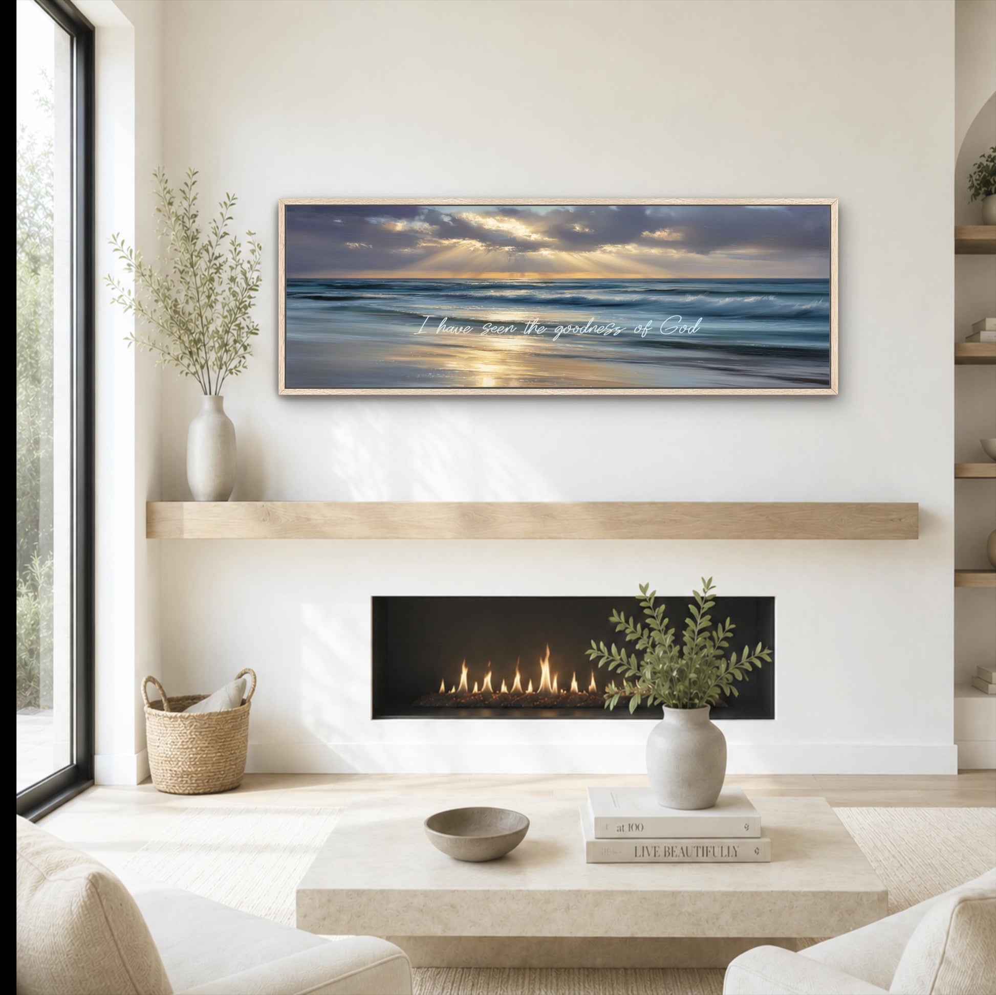 Goodness of God Art, Ocean Sunset Framed Canvas Print, Coastal Beach Sun Rays Over Waves, Large Cloudy Seascape Christian Religious Artwork