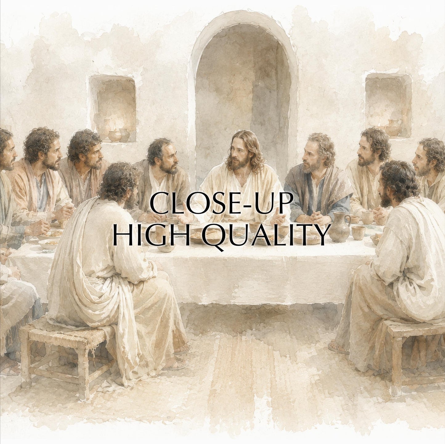 a group of people gathered around a table, with a central figure, likely Jesus, seated at the table. The text "CLOSE-UP HIGH QUALITY" is overlaid on the image, suggesting a close-up view of the scene.