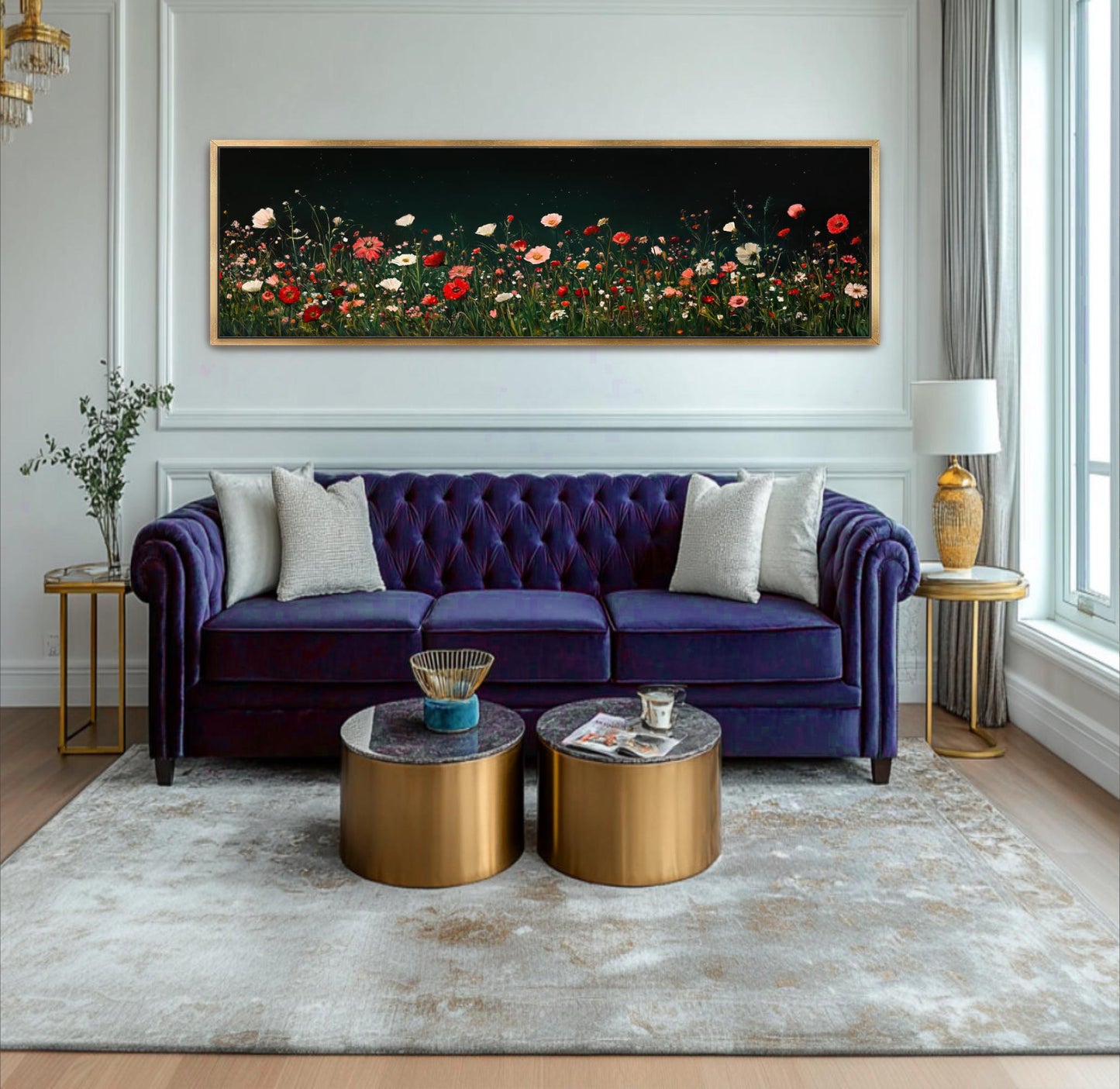 a living room with a purple couch and a painting on the wall