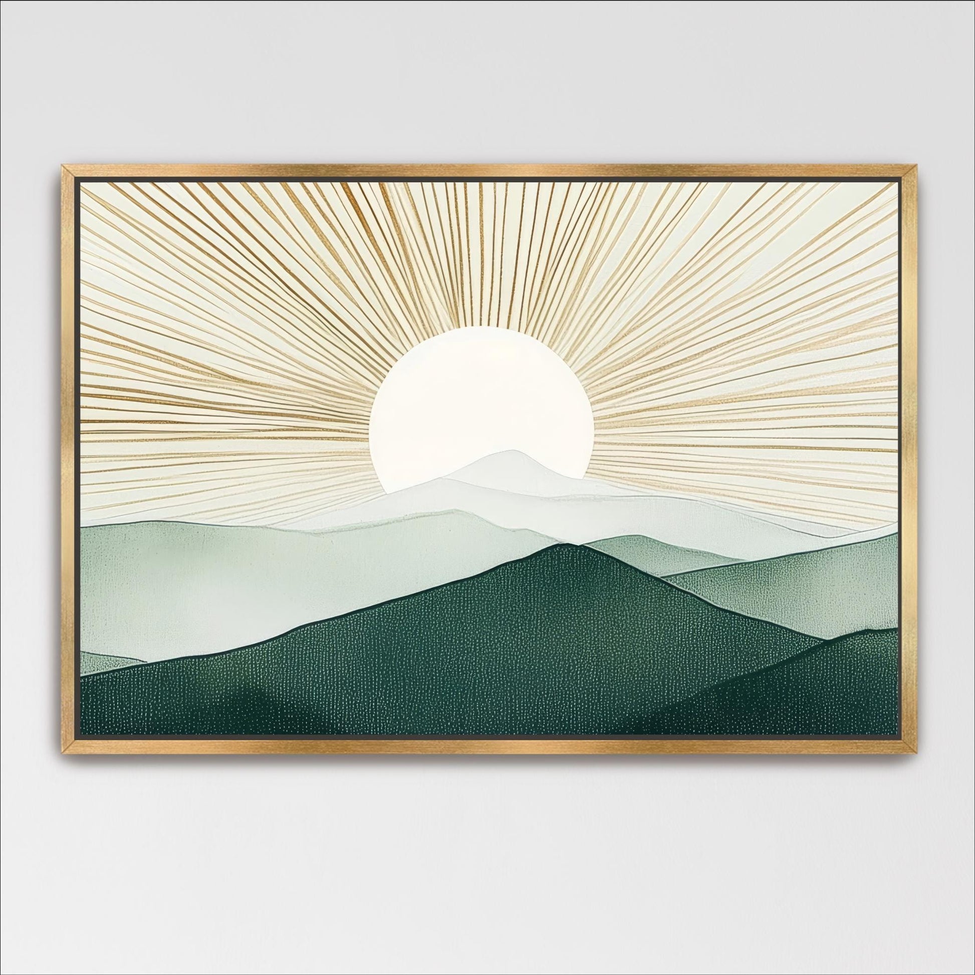 A framed painting depicting a serene landscape with a sun rising over a mountain range, with the sun's rays radiating across the scene.
