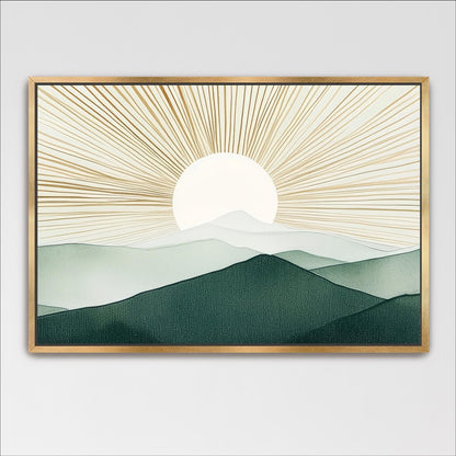 A framed painting depicting a serene landscape with a sun rising over a mountain range, with the sun's rays radiating across the scene.