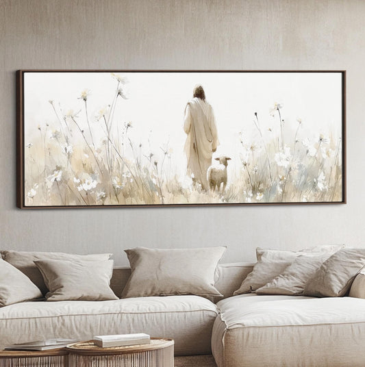 Jesus and Sheep Art Pano Large framed canvas