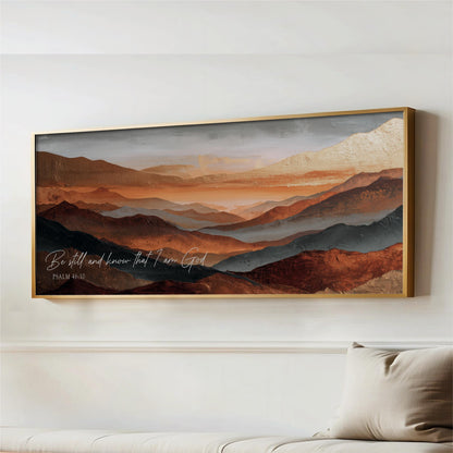 a large framed painting of a mountainous landscape with warm colors, hanging on a wall above a couch.