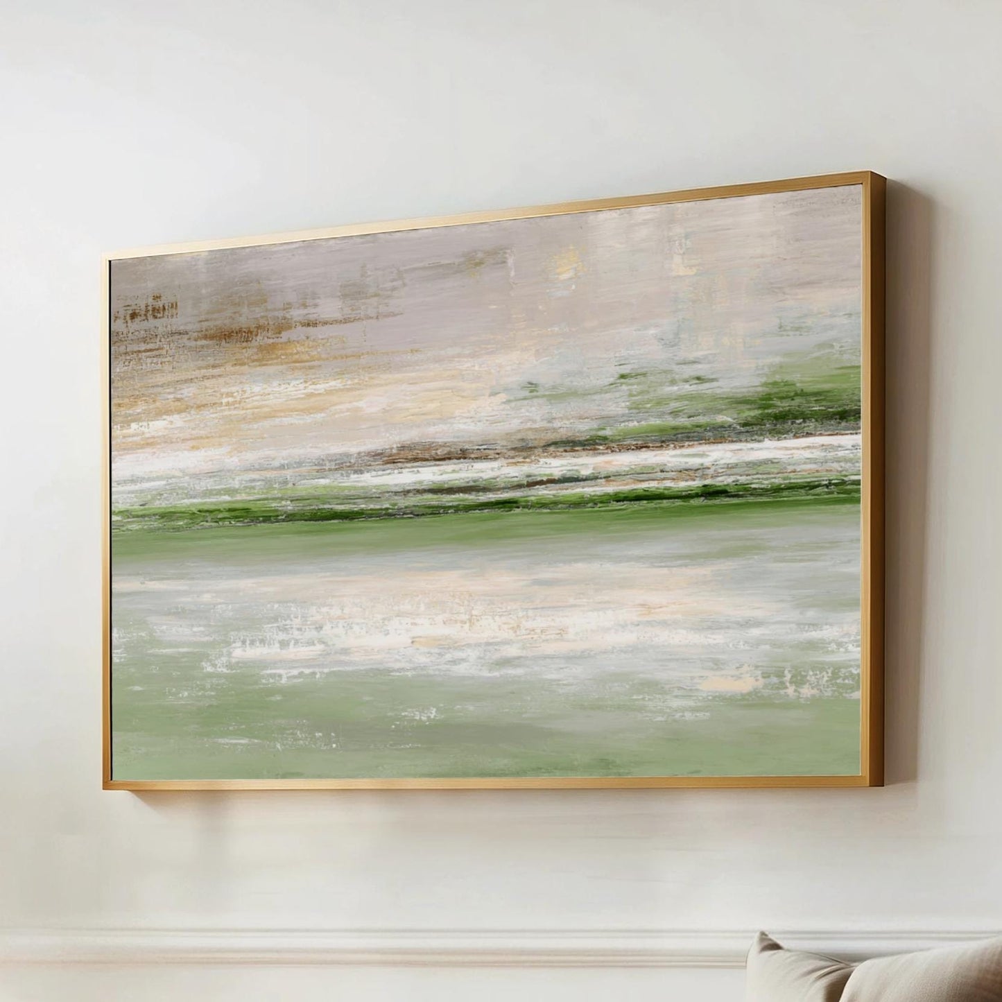 a large abstract painting hanging on a white wall above a wooden bench.