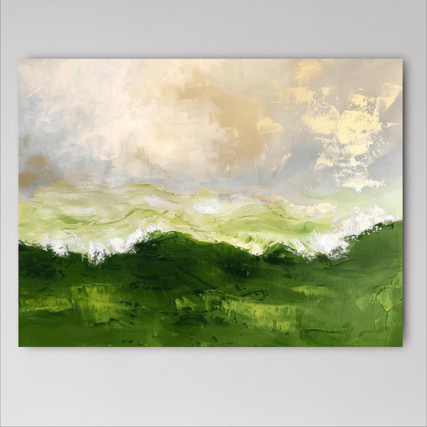 Abstract Emerald Green Gold Waves Large Framed Canvas Print, Landscape Wall Decor, Artwork Poster
