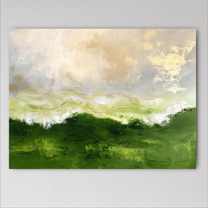 Abstract Emerald Green Gold Waves Large Framed Canvas Print, Landscape Wall Decor, Artwork Poster