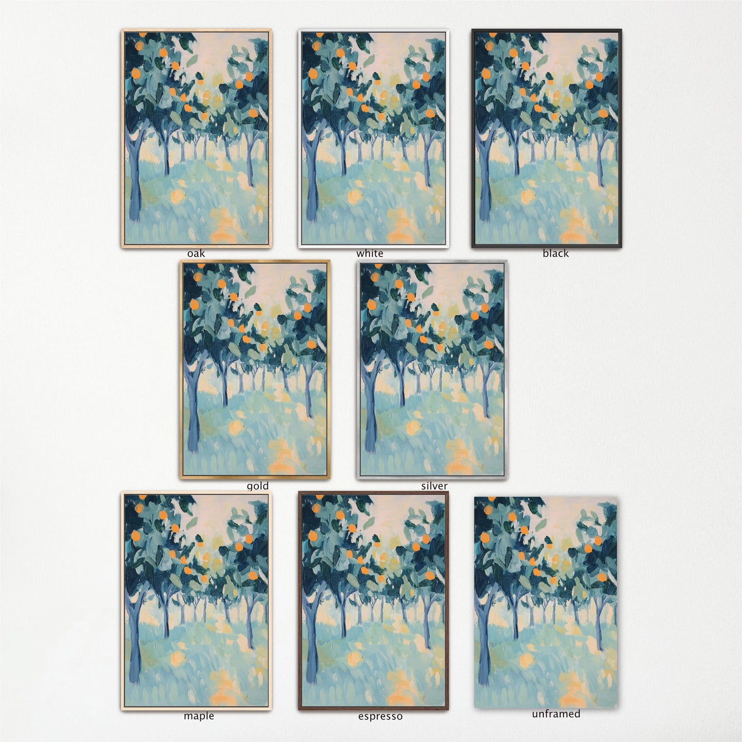 a collection of nine framed paintings depicting various scenes of trees and foliage. The paintings are arranged in a grid format, with three paintings in each row and three paintings in each column. The paintings are in different colors and styles, showcasing the diversity of the artwork.